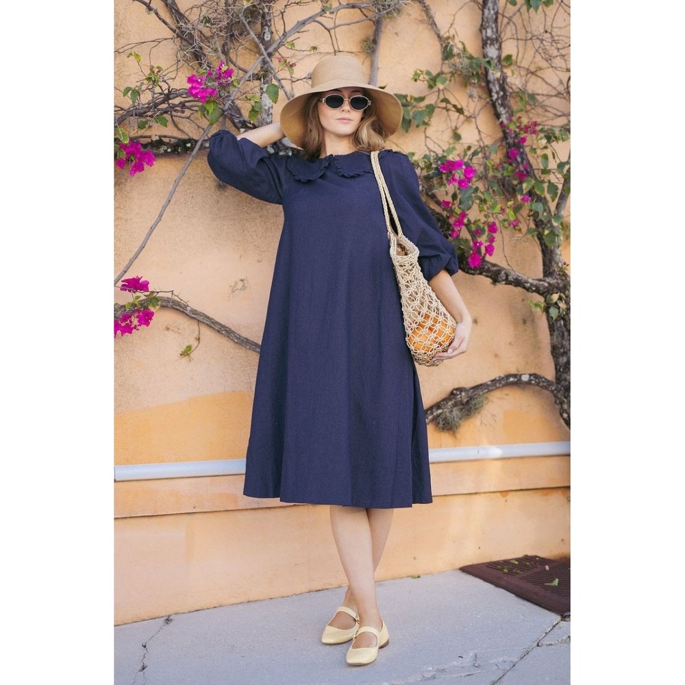NWT Dainty Jewells Midi Dress Womens M Denim Puff Sleeve Peter Pan Cottagecore